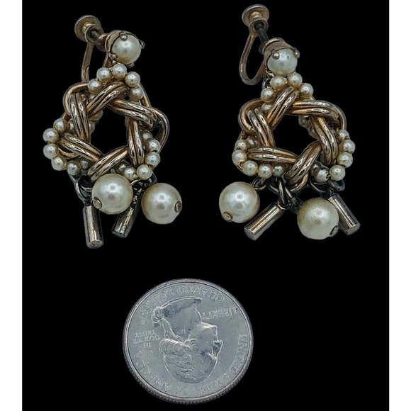 Barclay Pearl Silver tone Dangle Drop Clip On Earrings Mid century Classic - Picture 10 of 11